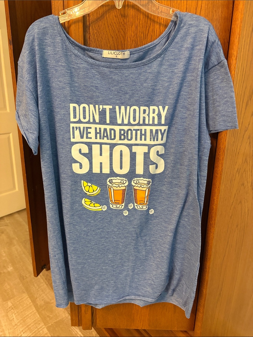 Lilcloth Blue Graphic Tee "Don't Worry I've Had Both My Shots"